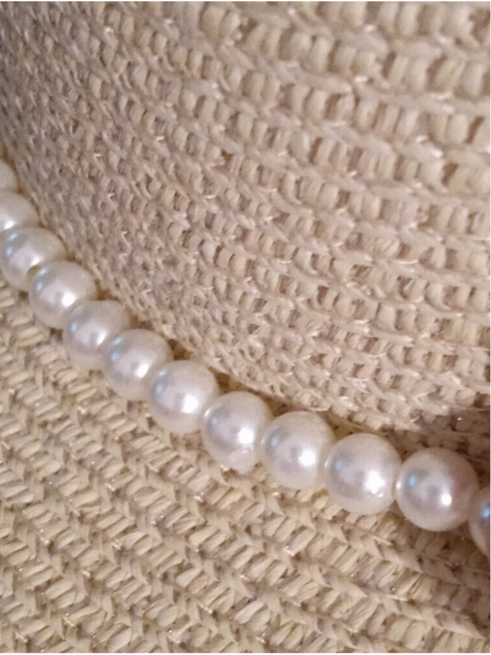Woven Paper Straw Hat Natural Faux Pearl Trim - Picture 4 of 5